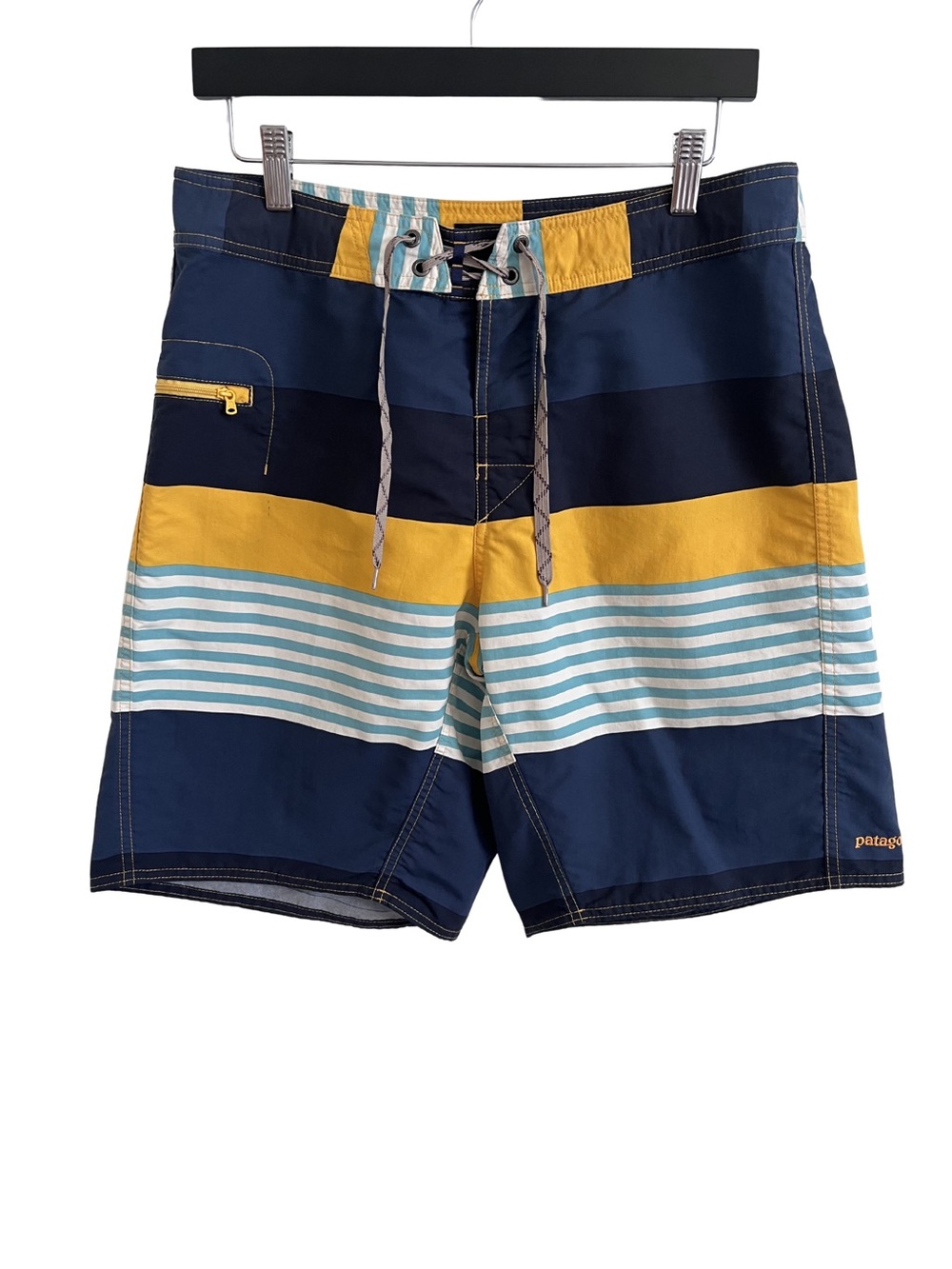 Patagonia Wavefarer Board Shorts Men 32 Blue Yellow Stripe Swimming Trunks Beach